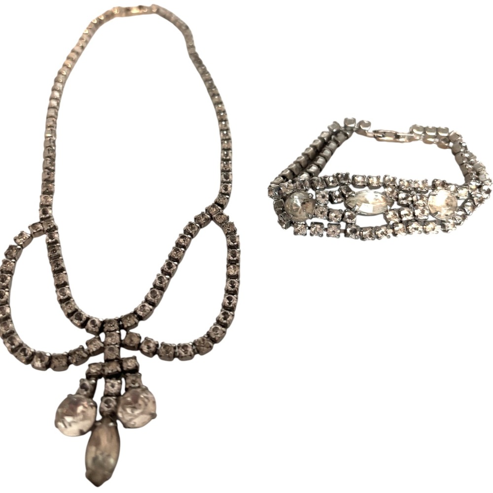Vintage Rhinestone Necklace Bracelet Set Silver Tone Costume Jewelry Mid-Century